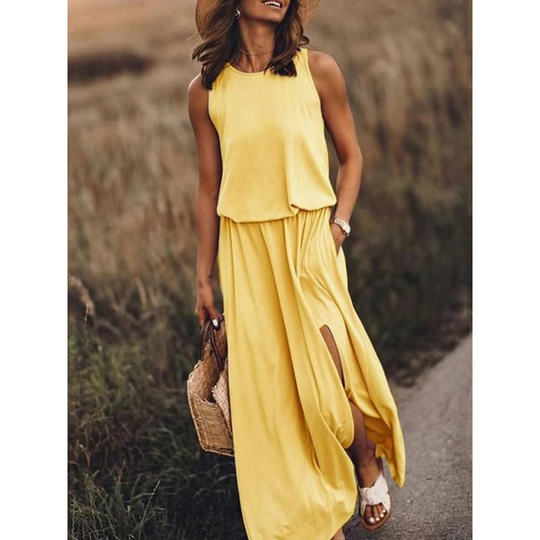 Women's Round Neck Solid Cotton-Blend Boho Pink Maxi Dresses - Yellow, L