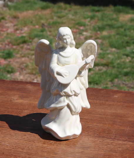 80S White Gloss Ceramic Angel Figuerine Tall Detailed Holding A Lute