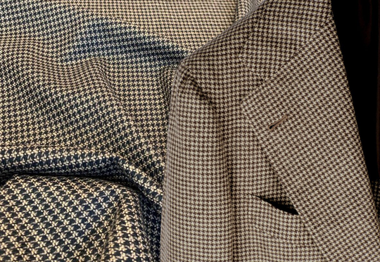 stretch Dogtooth Fabric, Wool Blend, Beige Black Spandex Tweed, Small Check, Made in Italy, For Suit, Dress, Jacket, By 2.10 Meter