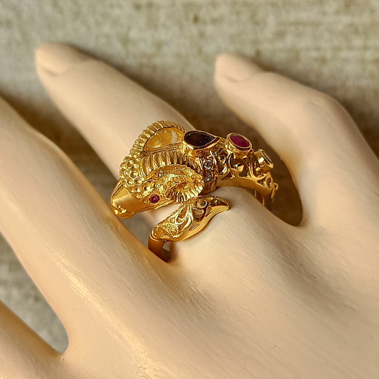 Byzantine Style, Ram Head Ring With Precious Stones & Diamonds in 18 Carat Solid Yellow Gold