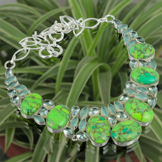Green Turquoise Necklace Multi Stone 925 Sterling Silver Adjustable Chain Gemstone Handmade Jewelry