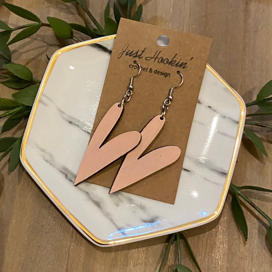 Wood Valentine's Day Heart Shaped Earrings in Pink