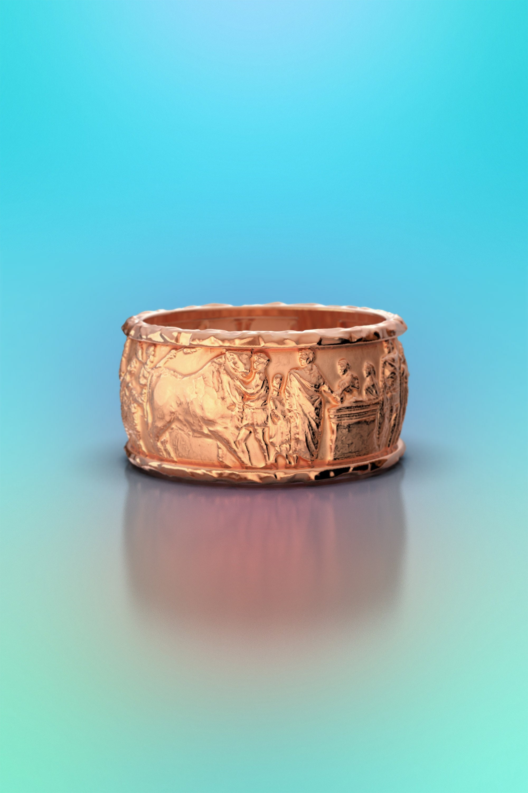 18K Rose Gold Band Ring Made in Italy, Sculptural Jewelry. 14K Carved Ring, Bas Relief Statement Italian