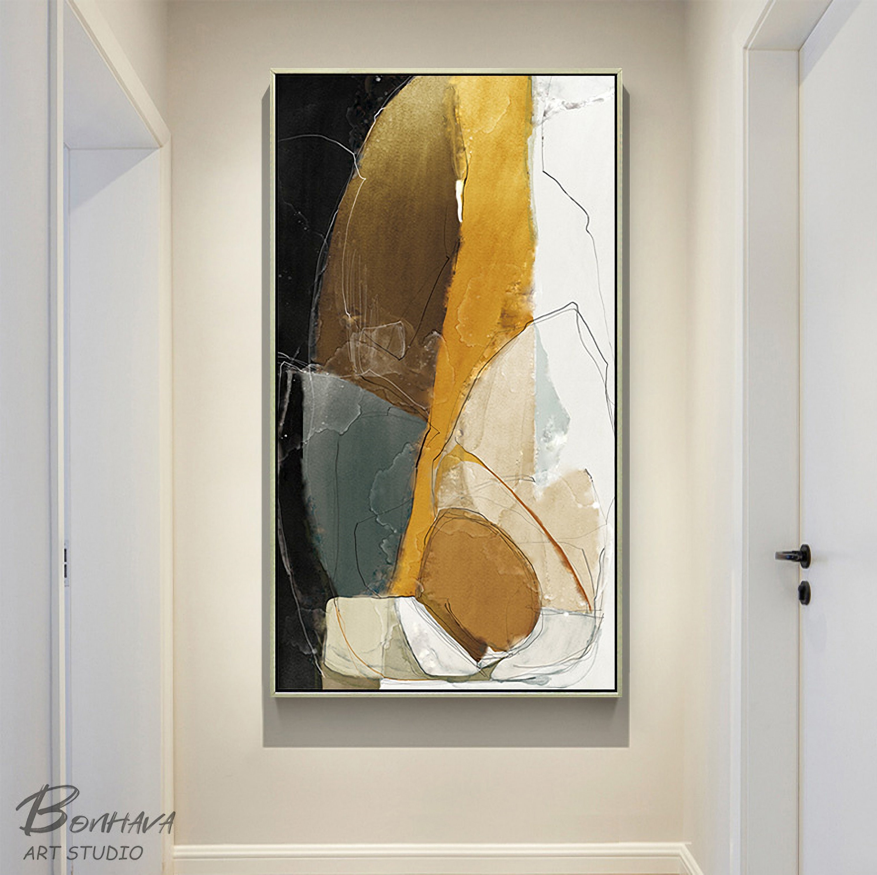 Abstract Style Different Color Blending Wall Art Painting Yellow & White Block Pictures For Living Room Bedroom