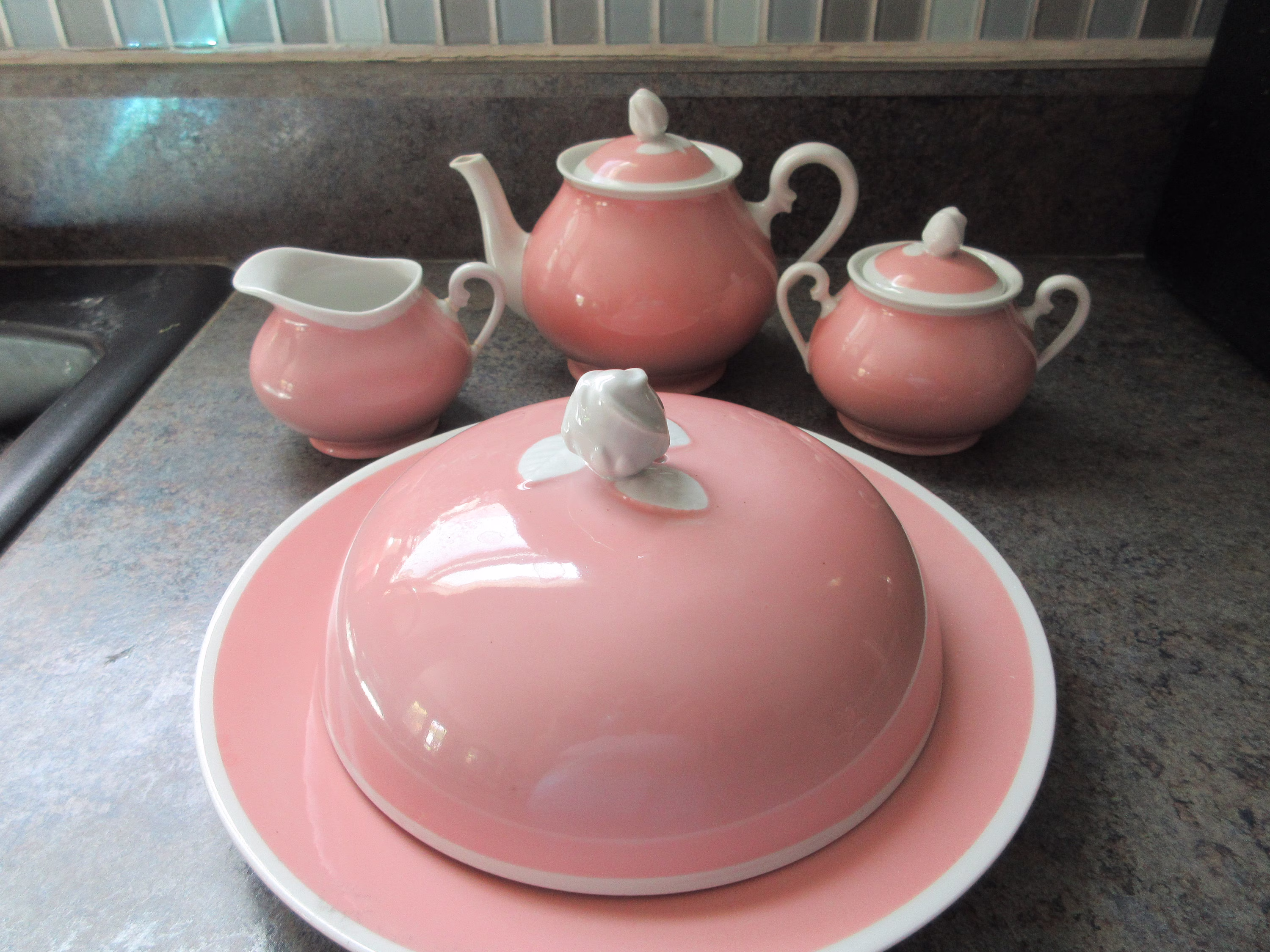 Rare Vintage Italian Richard Ginori Pink & White Tea Set & Butter Plate
