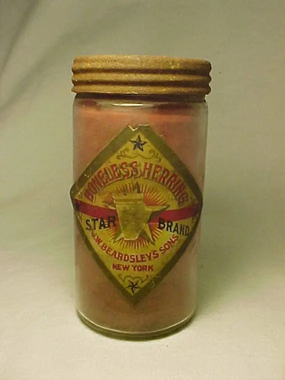 C1910 Star Brand Boneless Herring J. W. Beardsley's Sons New York, Fish Jar With The Original Paper Label & Cover