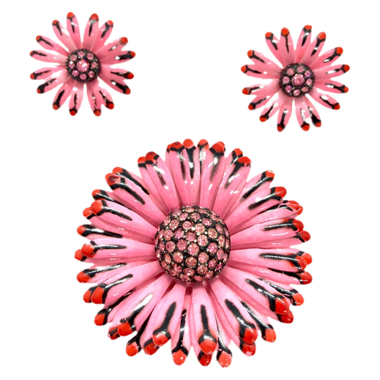Pink Corocraft Daisy Flower Brooch & Earrings/Vintage Jewelry