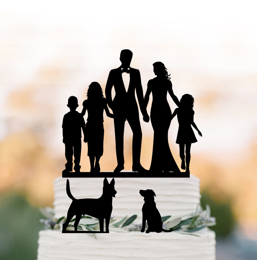 Two Tier Bride & Groom High Five Wedding Cake Topper With Child, Family Wedding Cake Girls, Dogs