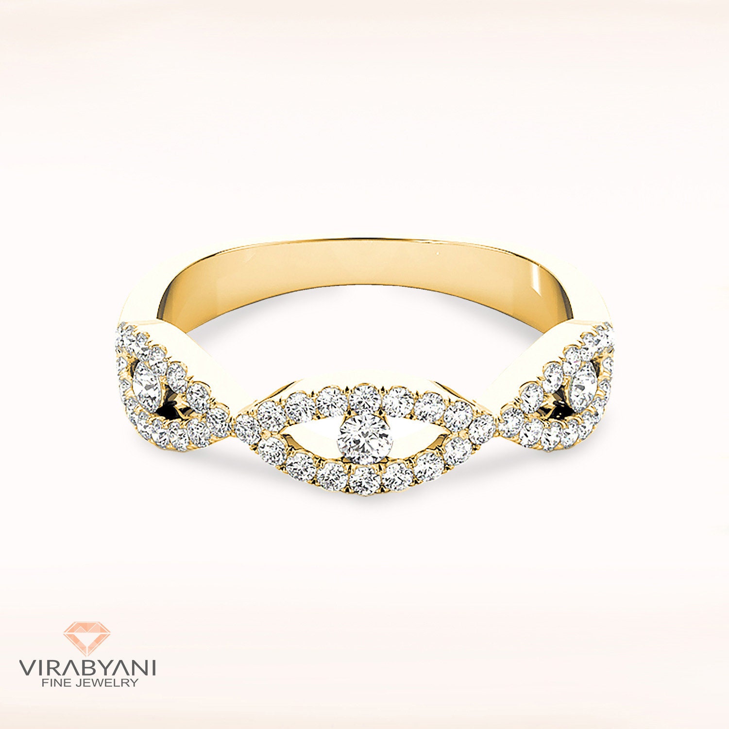 0.34 Ctw. Diamond Twisted Anniversary Band - 14K/18K Solid Yellow Gold| Infinity Wedding | Evil Eye Ring