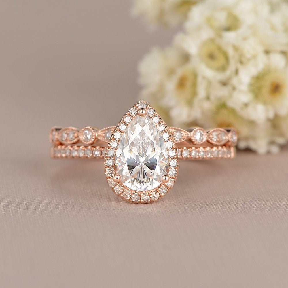 Pear Shaped Moissanite Engagement Ring 9x6mm Rose Gold Bridal Set Art Deco Milgrain Diamond Wedding Band Woman Anniversary Promise