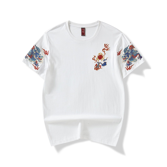 streetwear Japanese Raging Dragons Embroidery Tee Shirt Urban Fashion Cotton Crewneck Short Sleeves T-Shirt