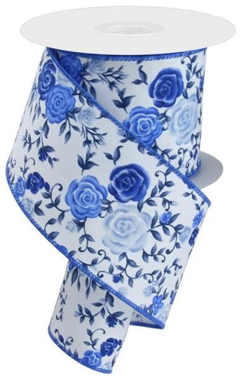 Wired Ribbon By The Roll Mini Roses | Multi Blue, White 2.5" X 10 Yards On Canvas For Wreaths, Floral Arrangements, Gift Wrapping