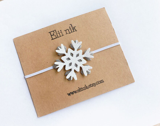 Snowflake Headband, Baby Glitter Silver Snowflake, White Snowflake Baby-Girl 2"