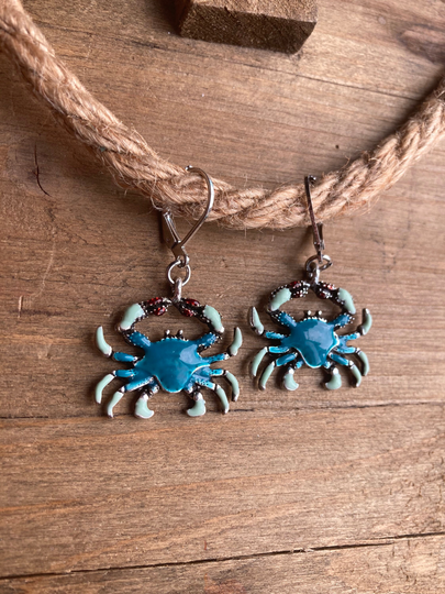 Blue Crab Dangle Earrings, Summer Seashore Ocean Beach Earrings