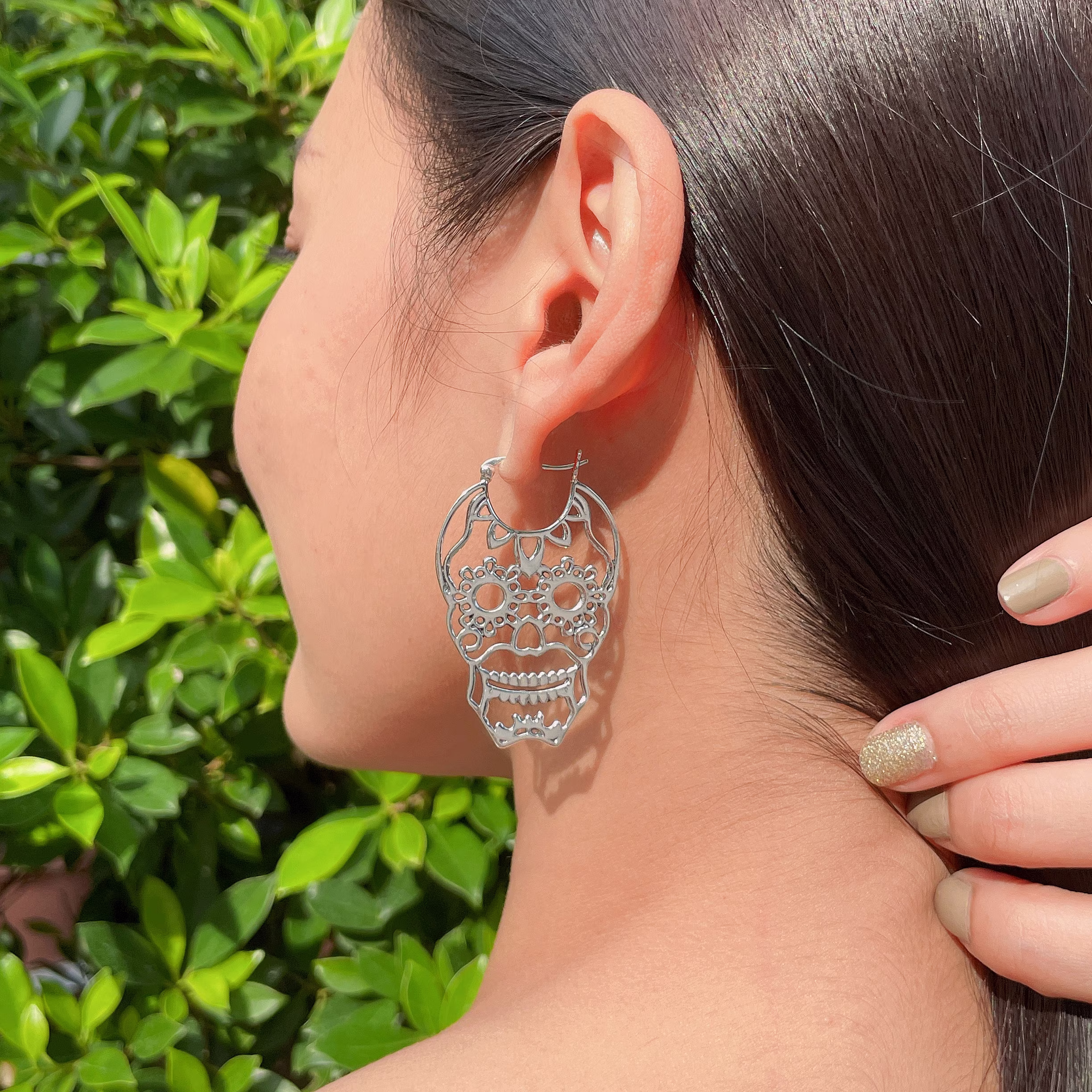 Skull Ear Hoops | Sterling Silver Boho Punk & Hippie Filigree Halloween Jewelry Unisex Earrings Elcb