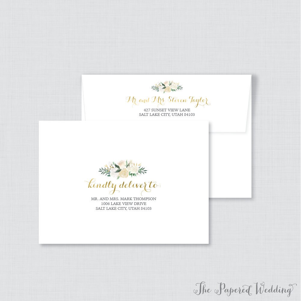 Gold & White Floral Wedding Envelopes - Printed With Cream Flowers Custom Ivory Green 0013