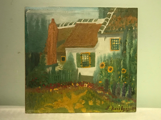 Oil Painting On A Wooden Panel, House & Garden, Naïve Style