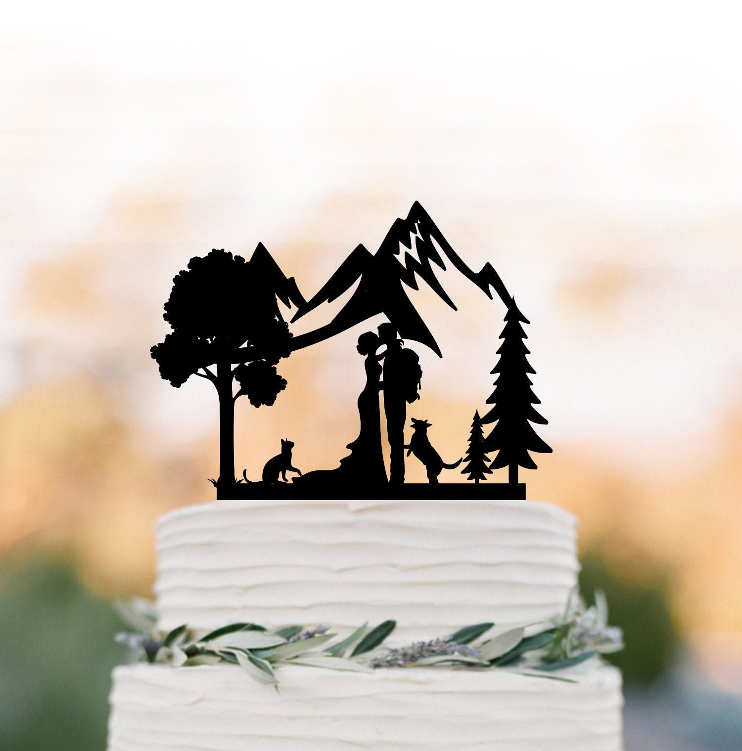 Hiking Groom Outdoor Wedding Cake Topper With Dog Backpacking Groom Mountain Wedding Cake Topper Trees Cat