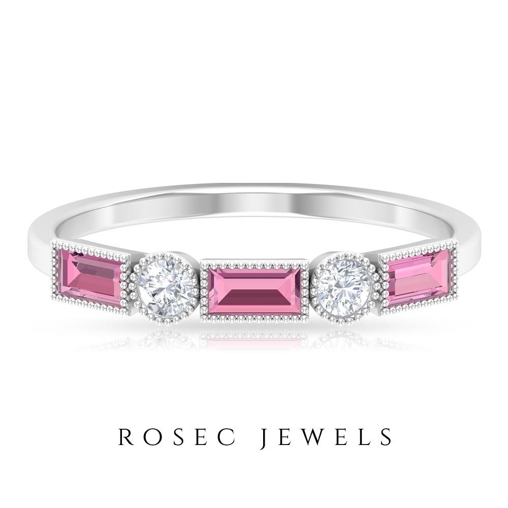 1/2 Ct Tourmaline & Diamond Ring, Pink Band Bezel Set Gold Milgrain Anniversary Band, Baguette Ring