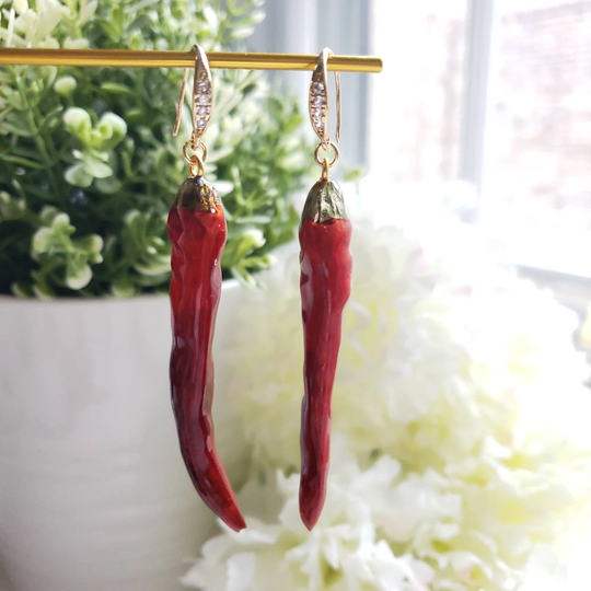 Chili Pepper Earrings, Real Dried Red Resin Drop Chili