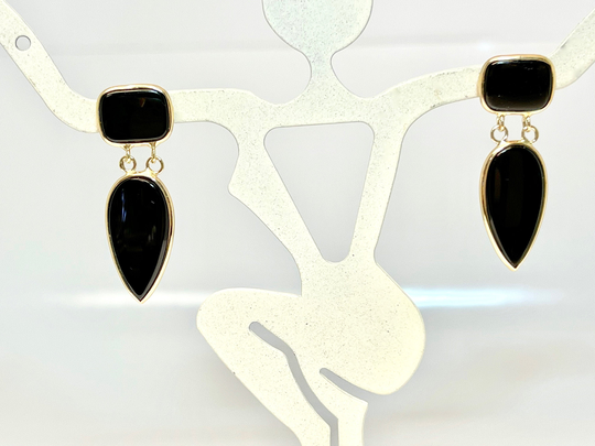 Yellow Gold Black Onyx Pierced Drop Earrings, Vintage Earrings