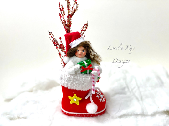 Santa Baby Spun Cotton Doll Ornament Girlin Boot Handmade Lorelie Kay Original