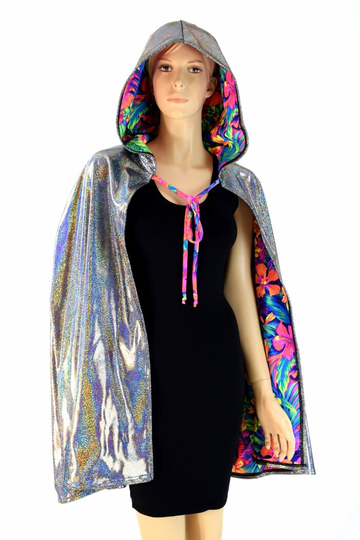 Unisex 35" Long Reversible Silver Holographic & Uv Glow Tahitian Floral Hooded Cape Cloak 154134