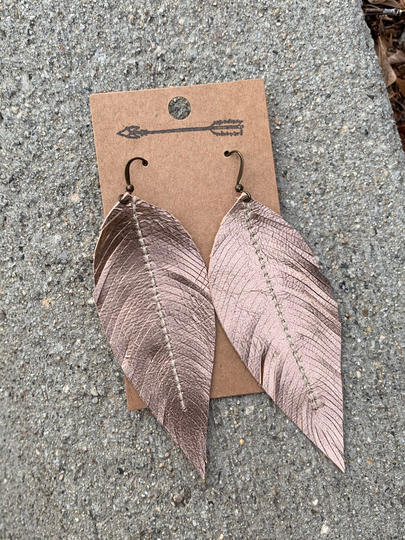 Champagne Rose Metallic Leather Feather Earrings, Feather, Metallic, Handmade, Boho Earrings