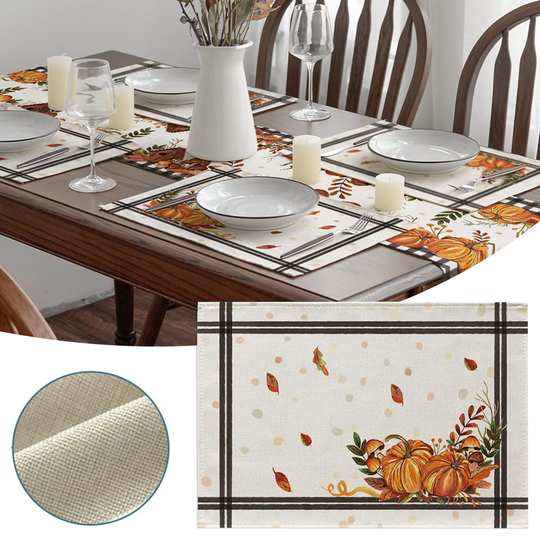 Place Mat Pumpkins Mushrooms Leaves Print Washable Linen Blend Family Holiday Coaster Kitchen Accessories