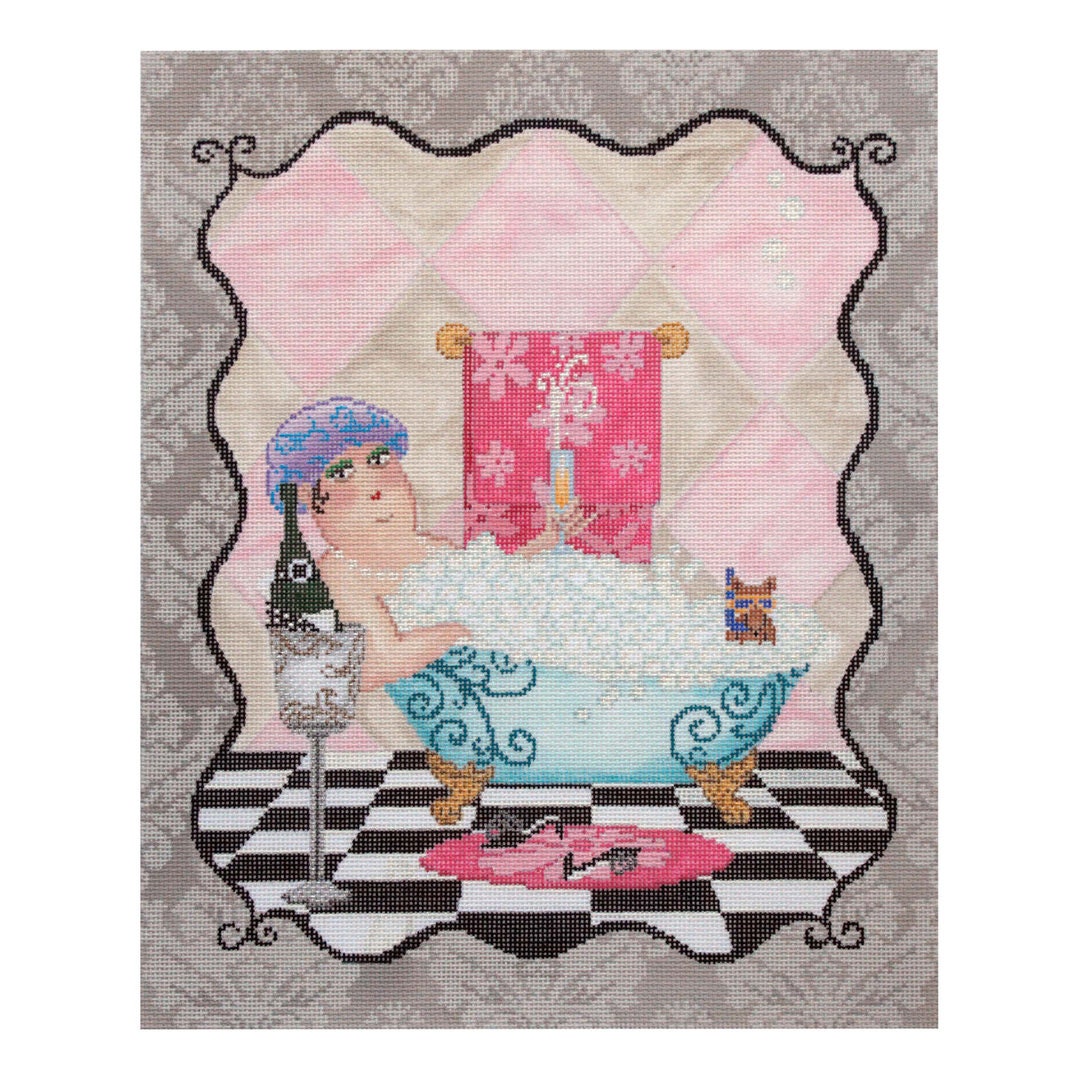 Needlepoint Handpainted Leslie Murray Bathtub Bubbles 10x12 -Free Us Shipping