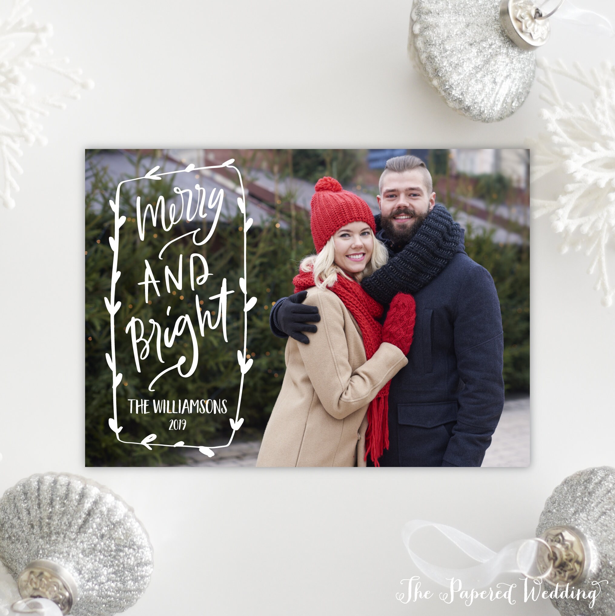 Printable Or Printed Merry Christmas Picture Cards - Landscape Photo Holiday Card, Hand-Lettered Script White 065 P1