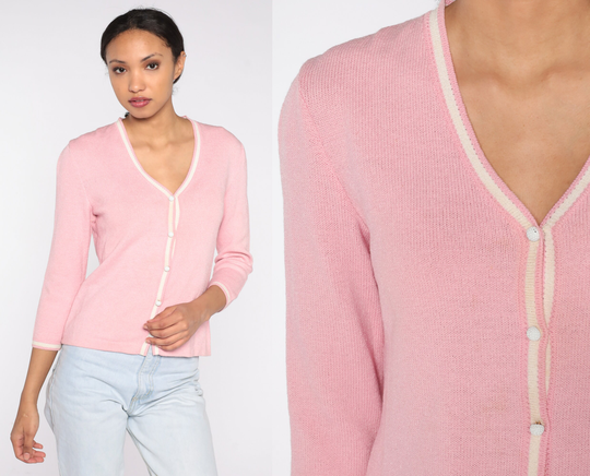 Baby Pink Cardigan 90S Wool Blend Button Up Sweater Pastel Spring Preppy Girly Kawaii Retro Vintage 1990S Small