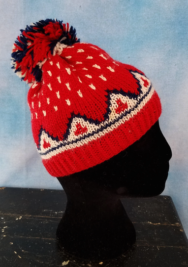 Vintage 80S Kids Knit Wool Blend Nordic Style Winter Beanie Hat, Red White & Blue With Huge Pompom/ Head Size 16"-22"