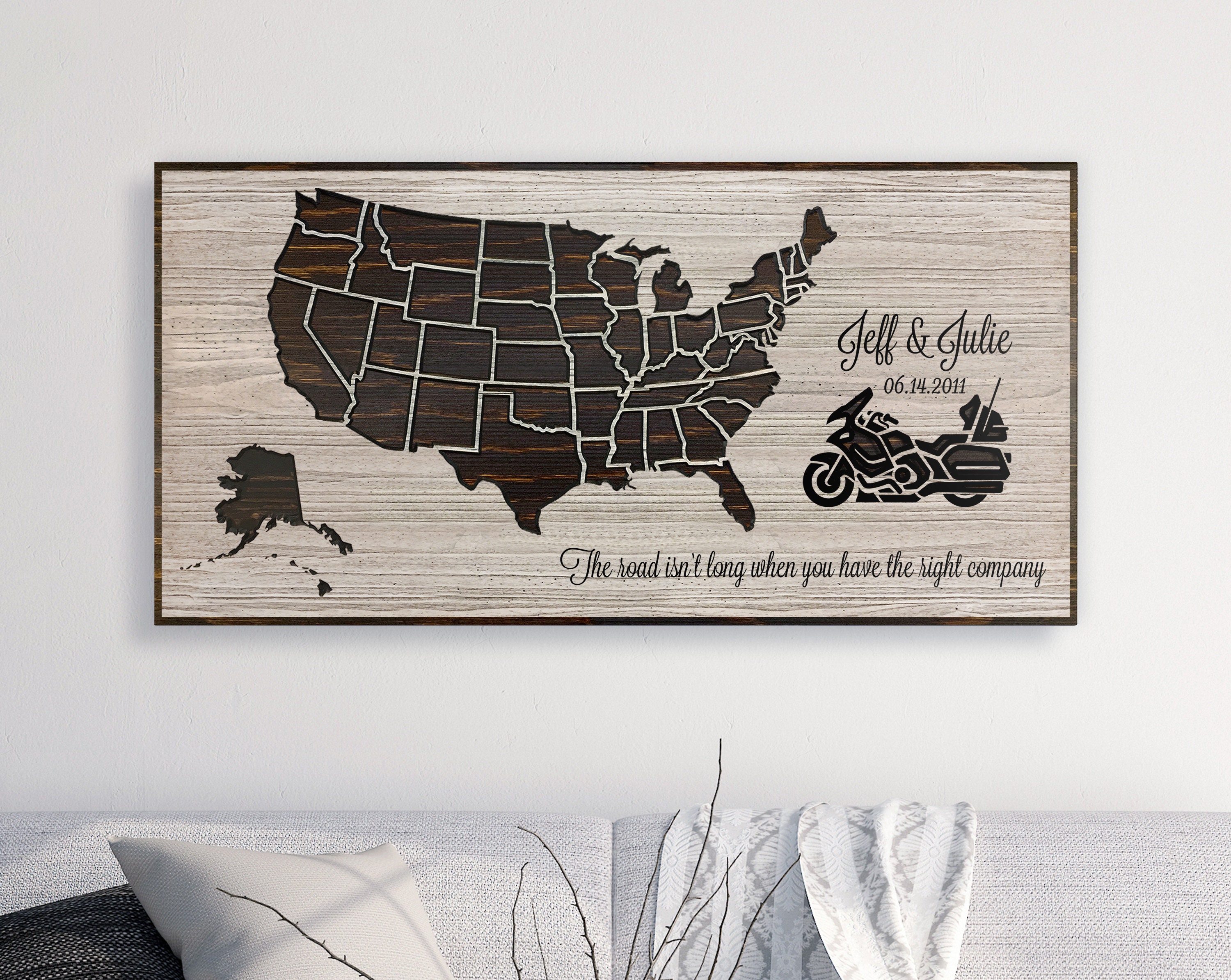Motorcycle Home Wall Decor Us Travel Map, Can Use Push Pins To Mark Locations, Wedding Anniversary Birthday Gift Idea, Family Name, Est Date