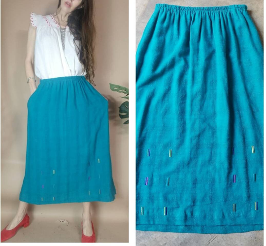Vintage 90S Woven Skirt Linen Blend Turquoise Midi M L