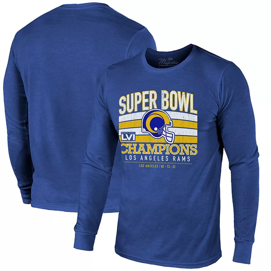 Men's Majestic Threads Royal Los Angeles Rams Super Bowl LVI Champions Tri-Blend Long Sleeve T-Shirt, Size: 2XL, Blue