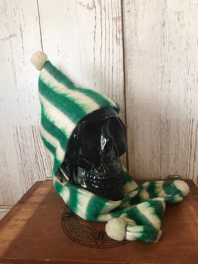 Vintage Children's Mohair Blend Hood & Scarf With Pom Poms//Green White Stripe//
