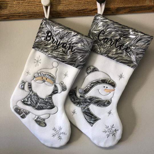 Personalized Christmas Stocking Silver Stockings Angel Dragon Unicorn Family Snowman Santa