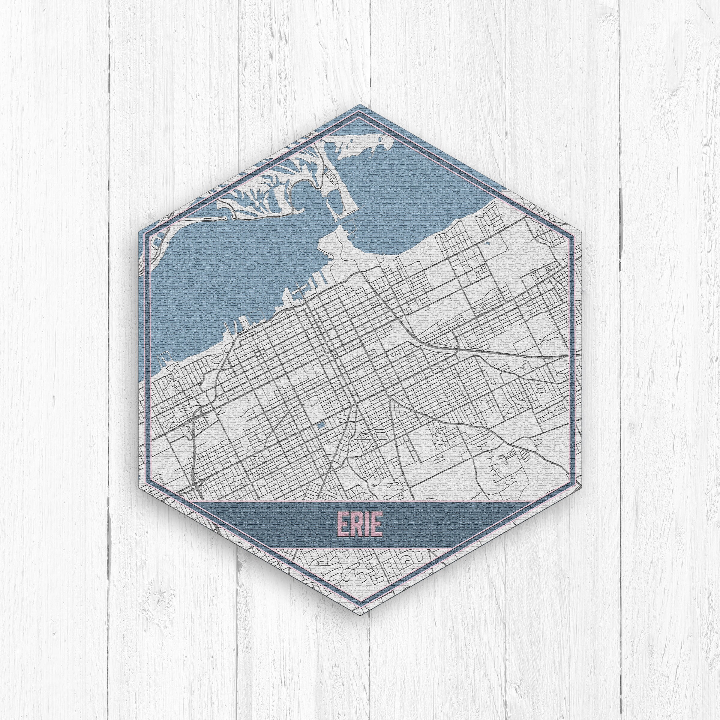Erie Pennsylvania Street Map, Hexagon, Gray & Blue Map Print, City Hexagon Canvas
