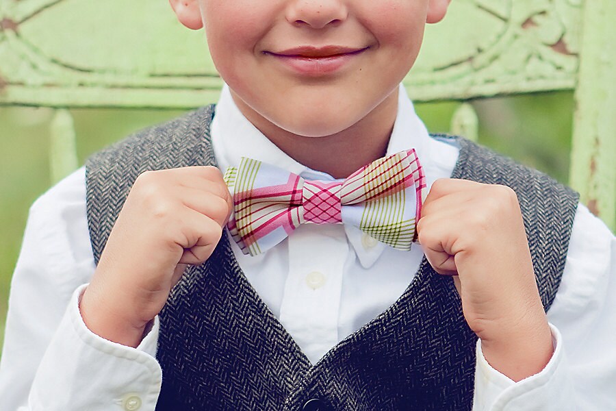 Bow Tie, Ties, Boys Baby Bowties, Ring Bearer, Ties For Boys, Plaid Ties - Pink & Green Picnic
