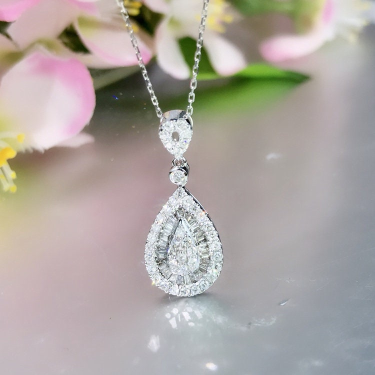 Diamond Pear Drop Pendant Necklace in Solid 18K Gold/Custom Fine Jewelry/Personalization Design/Gift For Women & Girls