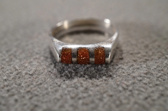 Vintage Sterling Silver Wedding Band Stacker Design Ring 3 Rectangle Bezel Set Gold Stone Domed Multi Setting Art Deco Style, Size 7.5