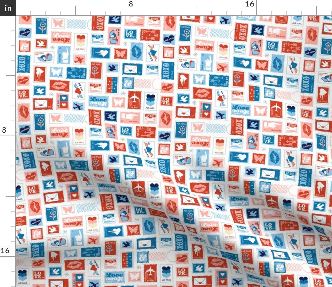 Book Of Stamps Fabric - Postal Service Snail Mail Postmark Letter Airmail By Pennycandy Cotton By The Yard With Spoonflower