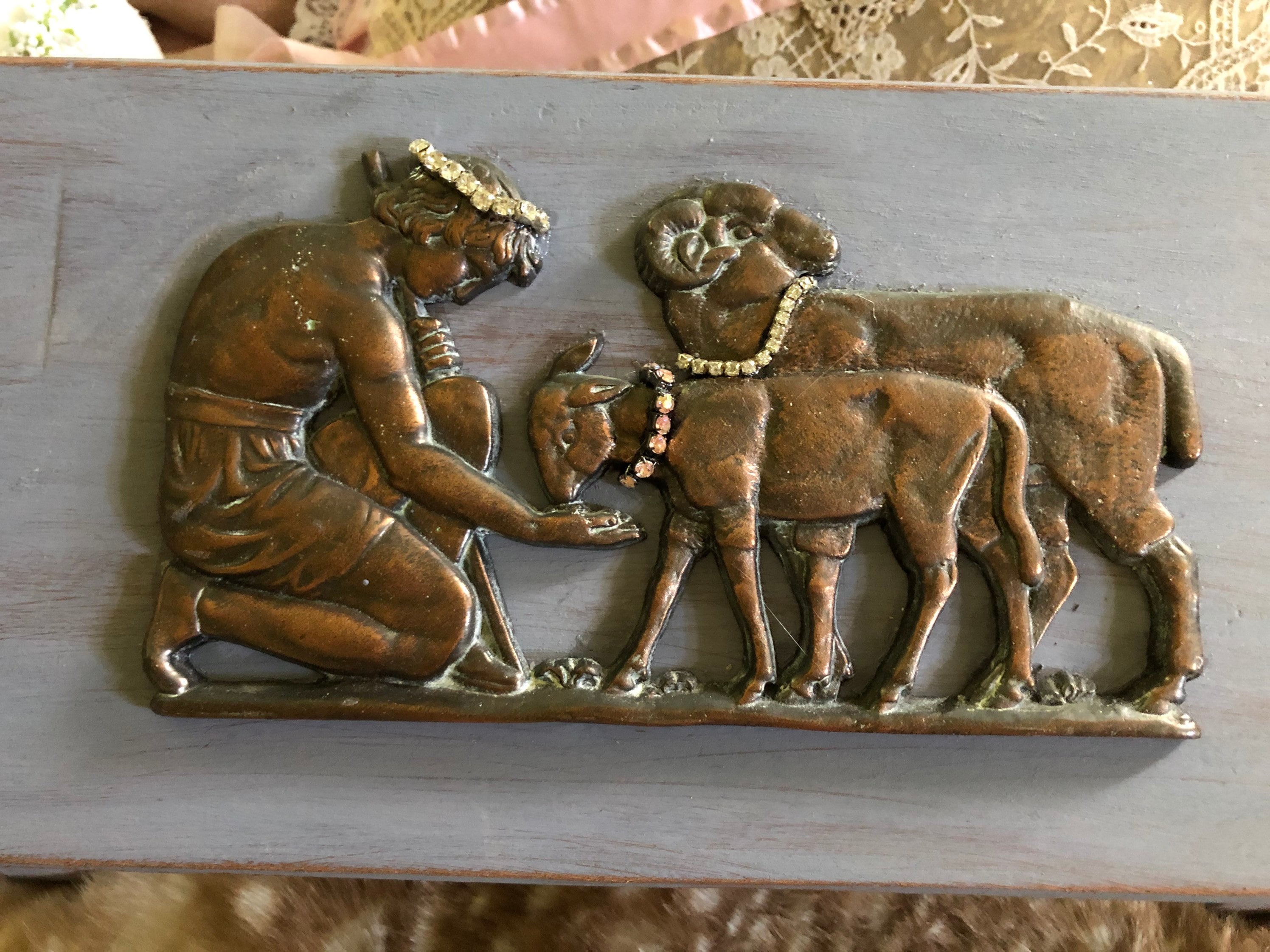 Reducedunique Bench, Prayer Wood Vintage Copper Shepherd, Goat , Ram Bench , Ooak