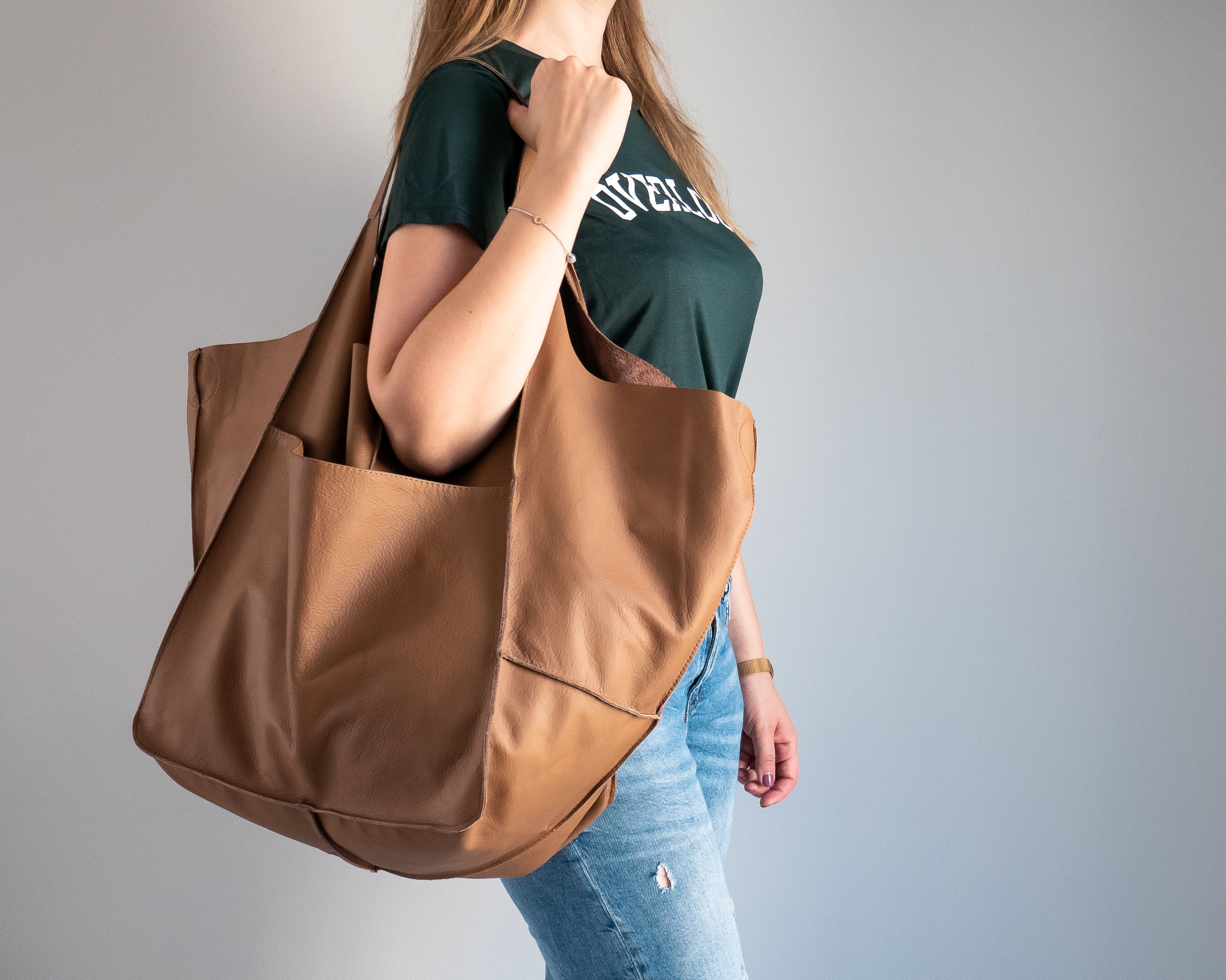 Oversize Weekender Bag, Large Leather Tote, Everyday Foldover Light Brown Handbag, Shoulder Big Hobo Bag Ar
