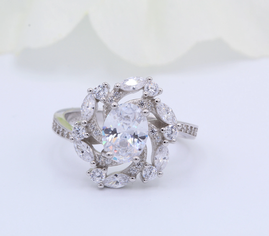 1.20 Carat Oval Art Deco Wedding Engagement Ring Marquise Round Diamond Simulate Accent Vintage 925 Sterling Silver Bridal