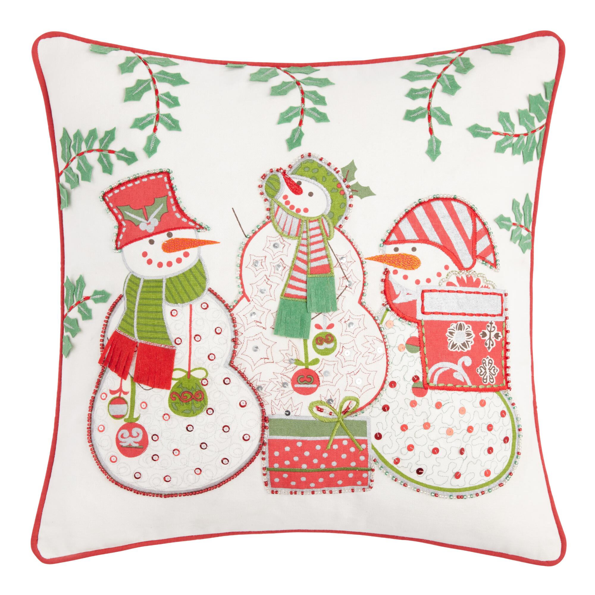 Pier Place Embroidered Snowman Throw Pillow: Multi - Cotton - 18" Square by World Market