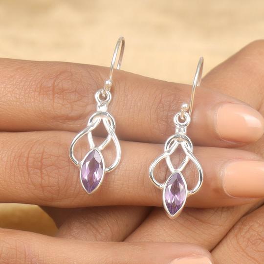 Natural Amethyst Earrings, 925 Sterling Silver Boho Handmade Dangle Drop Earrings
