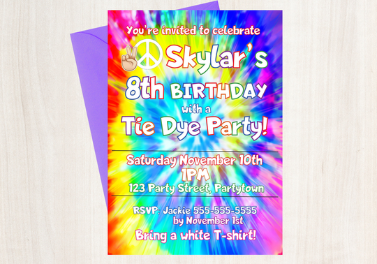 Tie Dye Birthday Invitation, Rainbow Tye Die Hippie Decorations, Girl 8Th 9Th 10Th Party Printables Idea