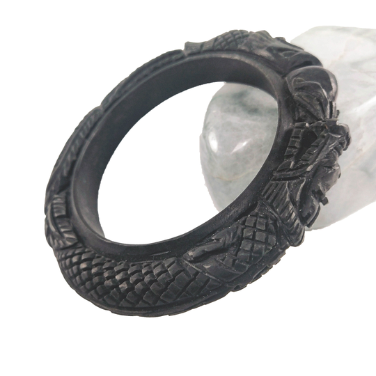 Jade Bangle Carved Dragon Black Bracelet Grade A Burmese Jadeite 62 Mm. Gift For Him